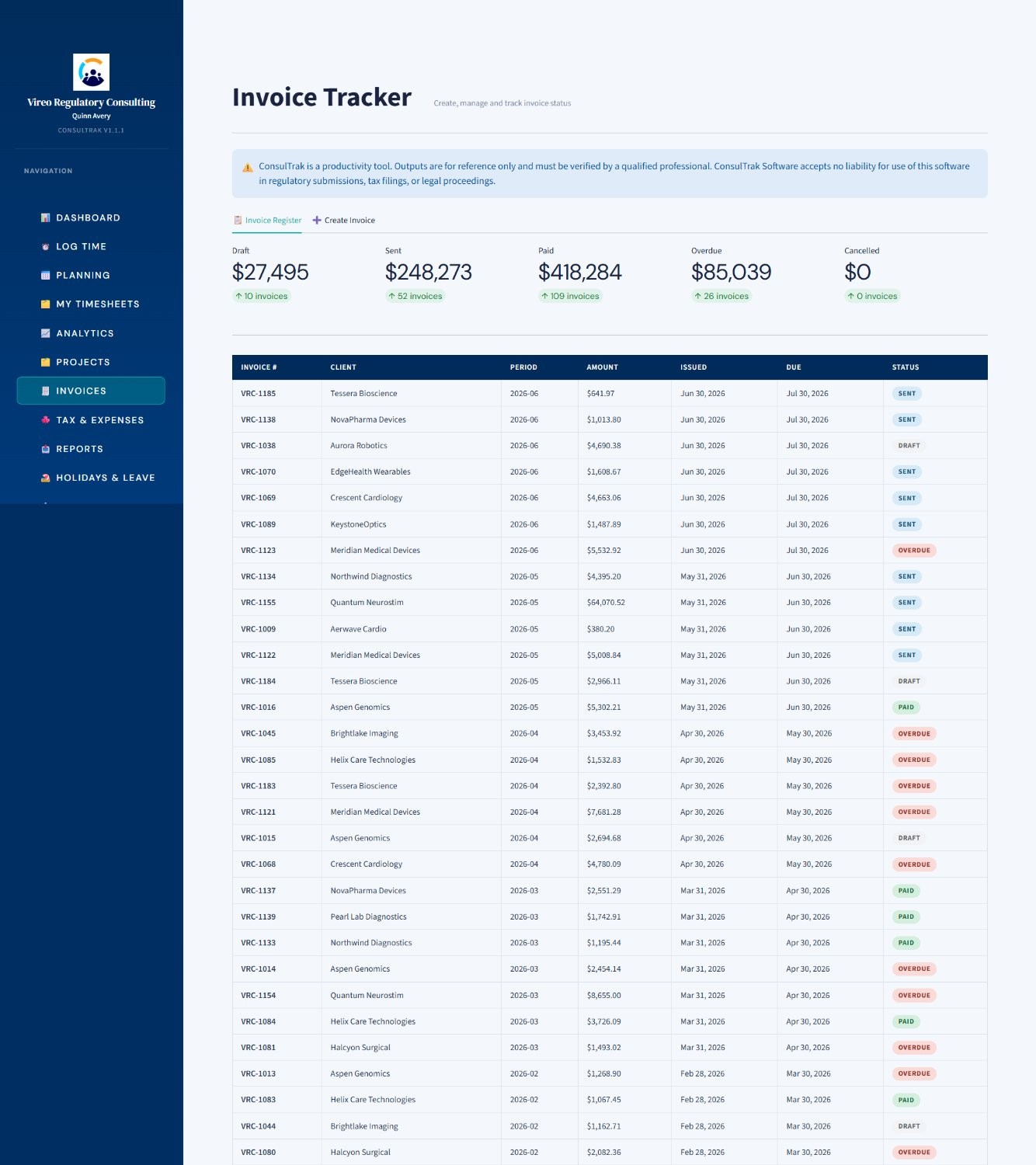 Invoice Tracker — multi-currency, professional PDF output